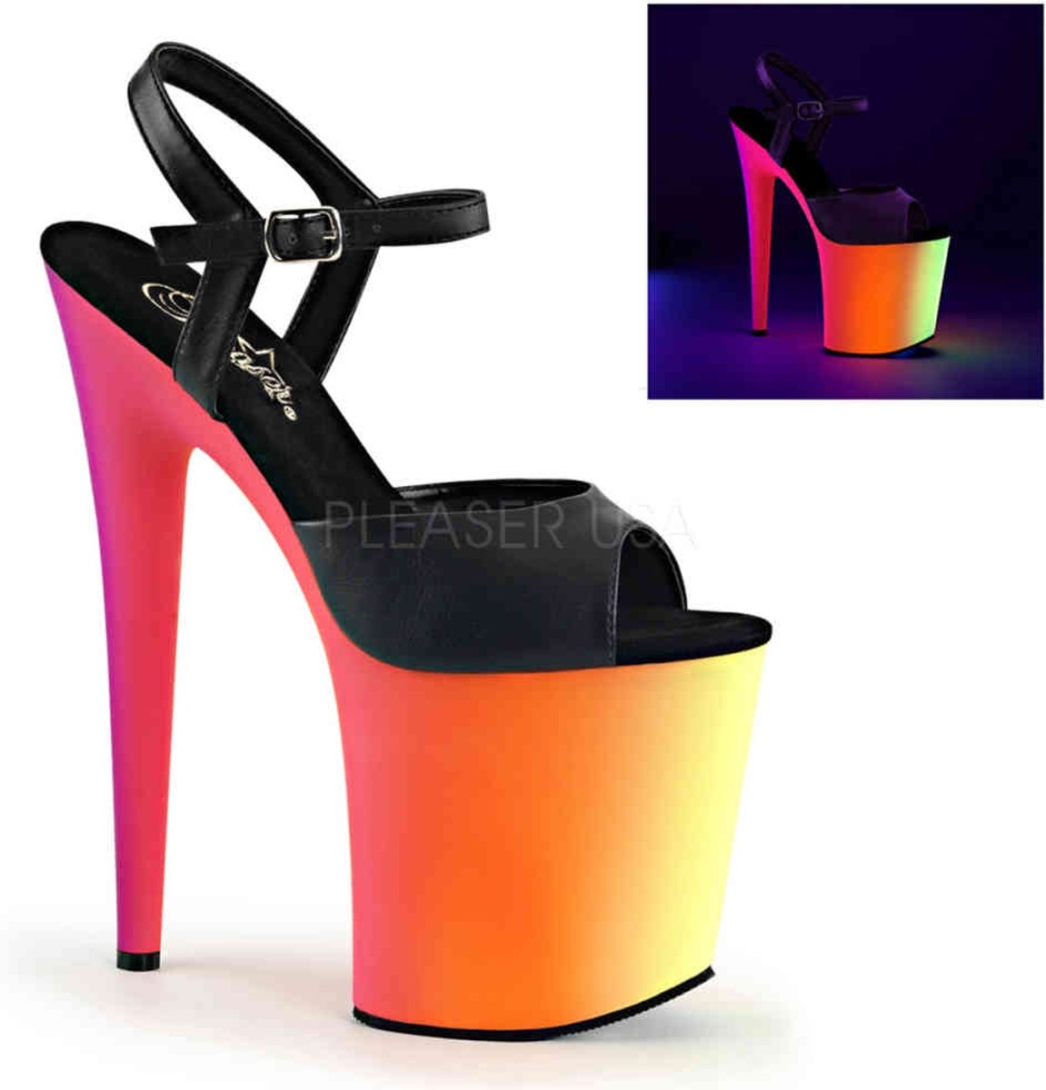 EU 38 = US 8 | RAINBOW-809UV | *8 Heel, 4 PF Ankle Strap Sandal W/Neon MC PF Bottom